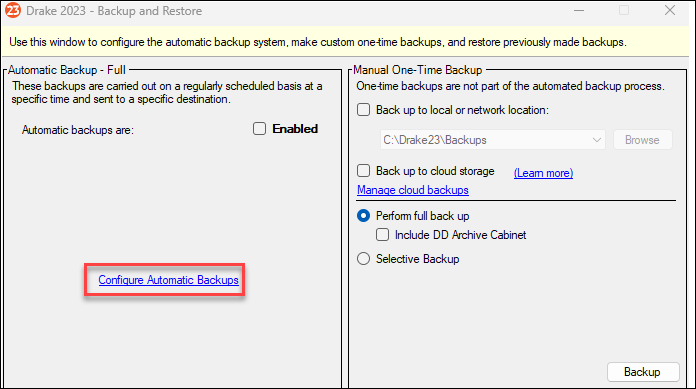 Configure Automatic Backups link